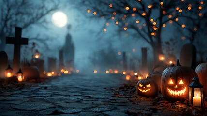 A glowing pumpkin lantern illuminated against a soft bokeh background on a dark Halloween night