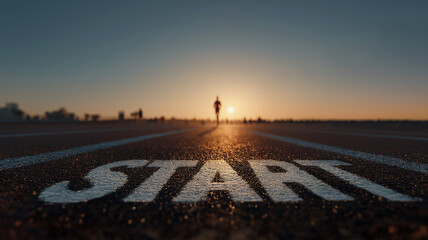 START Text on Running Track Background.Motivational business themed image showing the word START on a running track