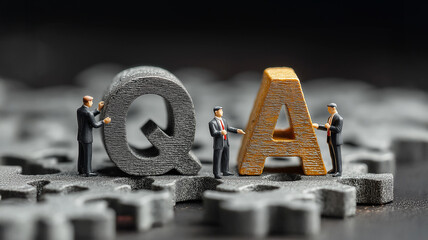 Creative business themed concept showing the text.QA,Questions and Answers with a small businessman figurine standing on a puzzle piece.