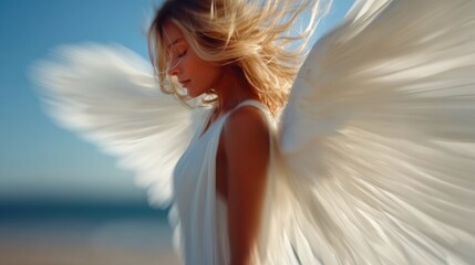 Ethereal figure with angel wings gracefully moving by the beach at sunset