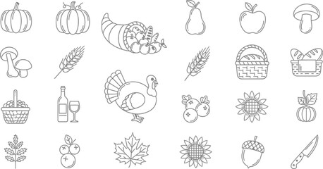 Thanksgiving-themed line art illustration featuring traditional symbols for festive designs