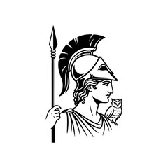 Black and White Illustration of Athena, Greek Goddess in Profile with Helmet, Spear, and Owl
