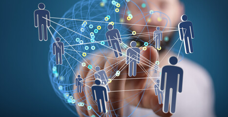 Image depicts a digital network of people, symbolizing global connections and collaboration.