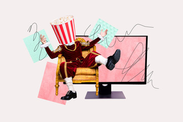 Fototapeta na wymiar Composite 3d image banner collage of anonym nobleman sit throne pc monitor movie watching instead head popcorn bucket medieval era