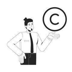 Copyright law line illustration concept. Intellectual property protection. Male lawyer advocate counseling about creative rights outline 2D character isolated. Ink linear metaphor vector art