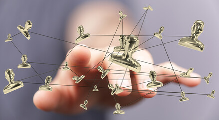 Image of a hand interacting with a network of golden profile icons, symbolizing global connections and collaboration.