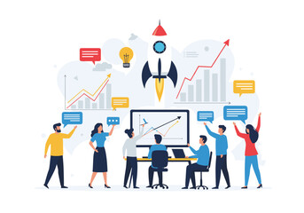 Successful business team collaborating on startup growth strategy meeting