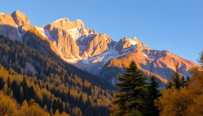 Majestic mountain range bathed in golden autumn sunlight, snow-capped peaks overlooking vibrant fall foliage.