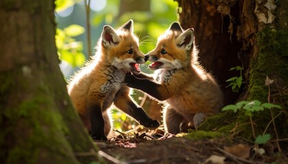 Fototapeta premium Two playful fox kits interact under a tree. Sunlight filters through the forest canopy