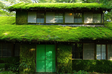 Fototapeta premium Enchanting moss covered house with vibrant green door in lush forest