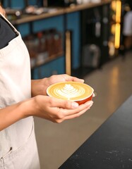 A barista holds a latte art coffee