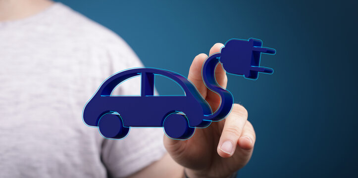 Image of a hand holding a 3D model of an electric car and plug. Perfect for EV charging, green energy, and sustainable t