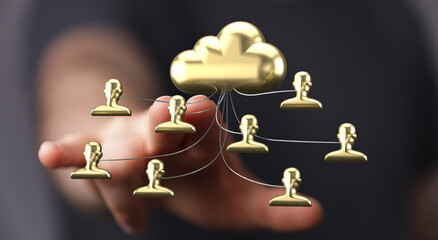 Golden cloud icon symbolizes secure data sharing, teamwork, and efficient cloud computing solutions.