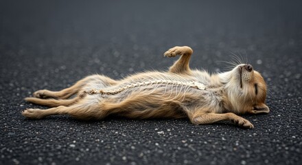 Obraz premium Small Fawn Animal Lying Down with Visible Skeleton on Dark Asphalt