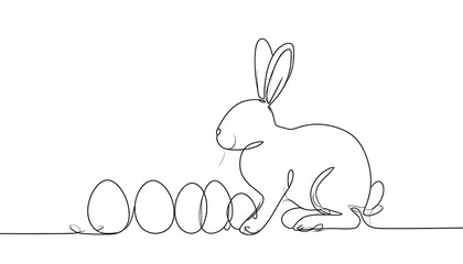 Obraz premium Single-line drawing of a rabbit and Easter eggs