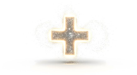 Obraz premium A luminous, glowing plus sign icon with sparkling golden dust particles exploding outwards on a pure white background, symbolizing growth, positivity, and adding value