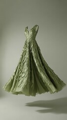 Exquisite olive green strapless ball gown with intricate textured fabric and full skirt