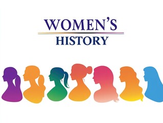 Women's History Month design with diverse multicolor silhouettes and purple-blue text on white background. Celebrates empowerment and inclusion.