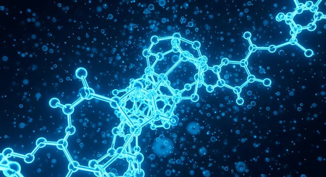 Futuristic glowing molecular structure and atoms in an abstract scientific background for research and development innovation - Powered by Adobe