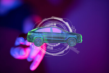 Futuristic car design, digital innovation, technology concept.  Perfect for automotive and tech websites.