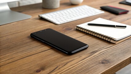 Modern Desk Setup with Smartphone, Keyboard, Notebook, and Pen image photo