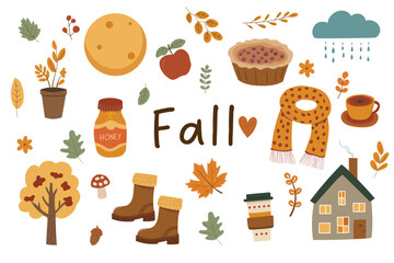 Fall hand drawn elements set. Leaves, plants, pie, boots, cozy house, honey, acorn, mushroom, chestnut leaf, maple. Harvest time. Vector colorful trendy illustration