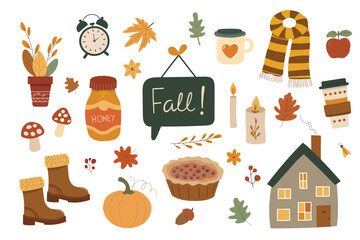 Autumn cozy elements set. Cute fall icons. Hand drawn doodle pie, scarf, candles, boots, coffee cup, honey jar and leaves. Great for fall backgrounds, posters, clipart, cards and templates.