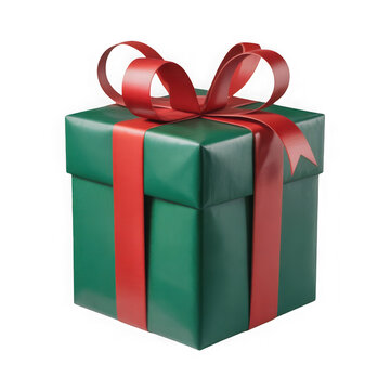 Festive green gift box with red ribbon and bow isolated on transparent background