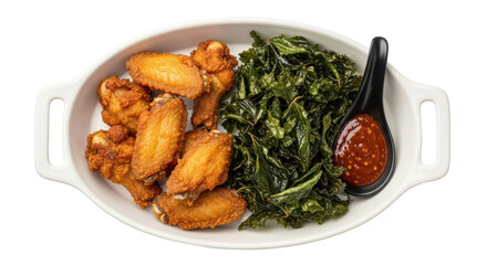 Isolated Plate with Fried Chicken Wings and Green Vegetables