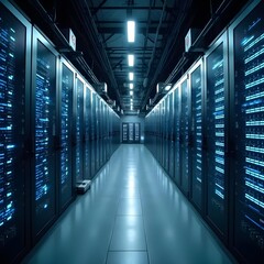 Fototapeta premium Modern data center services showcased in rows of servers glowing with blue LED lights, ensuring secure and efficient digital operations.
