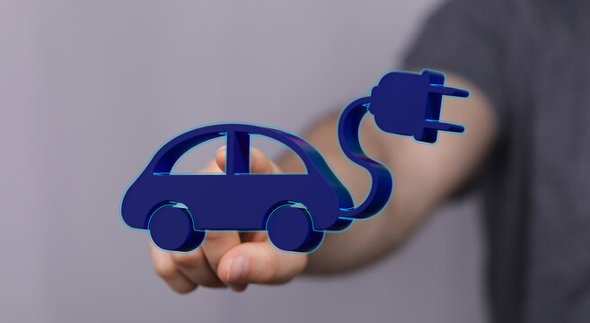 Image of a hand interacting with a 3D model of an electric car charging. Perfect for EV, technology, and sustainability - Powered by Adobe