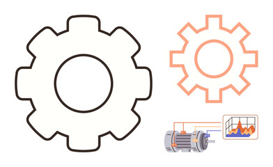 Gear outlines with motor and performance chart elements, emphasizing mechanics and data analysis. Ideal for industry, engineering, process optimization, automation, technology, innovation, simple