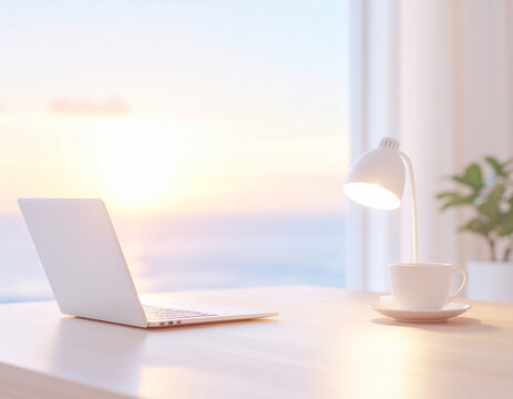 Cozy home office with evening lamp light and glowing laptop
