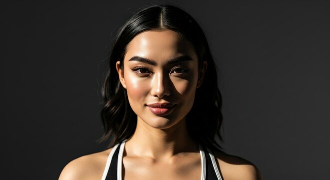 Dramatic portrait of a young woman with dark hair, illuminated by strong side lighting, creating a striking contrast against a dark background