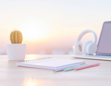 Creative cozy home office desk with sketchbook and colorful pens
