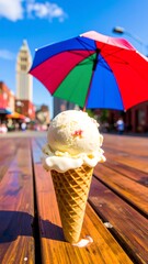 Sundae under colorful umbrella on boardwalk