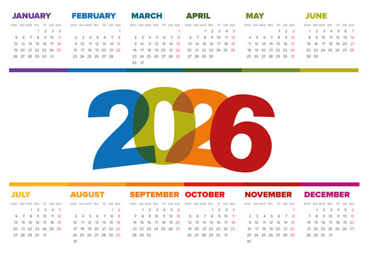 Light 2026 Calendar Template with Colorful Numbers