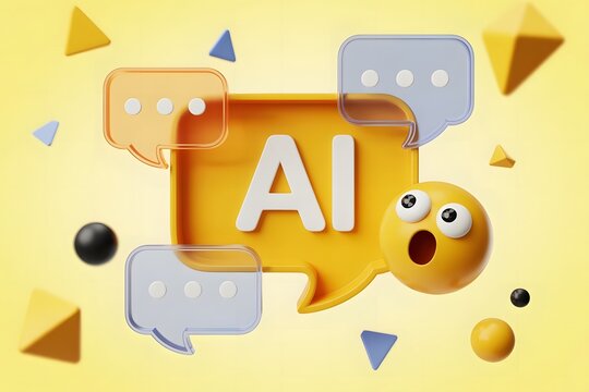 Surprised ai chatbot with speech bubbles and geometric shapes representing artificial intelligence communication and technology on a yellow background