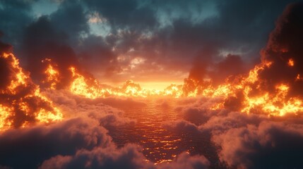 Fiery Sunset: A Surreal Seascape of Burning Clouds