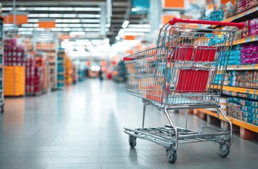 Empty shopping cart in a supermarket aisle