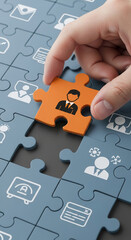 Hand placing orange puzzle piece with businessperson icon into gray puzzle, symbolizing recruitment, teamwork, or human resources management