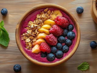 Healthy smoothie bowl with fresh berries, banana, peach and granola, colorful vegan breakfast with nutritious fruits, clean eating concept for healthy lifestyle and food photography
