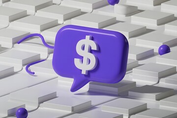 A vibrant purple speech bubble with a prominent white dollar sign inside floats above a textured background of interconnected white blocks symbolizing financial communication and digital currency