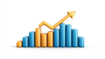3D Render of Blue and Orange Bar Graph with Ascending Yellow Arrow Chart