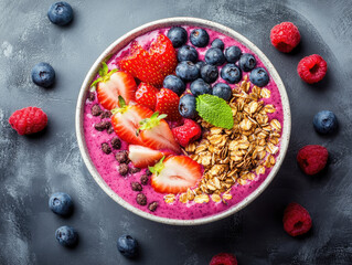 Healthy smoothie bowl with fresh berries, banana, peach and granola, colorful vegan breakfast with nutritious fruits, clean eating concept for healthy lifestyle and food photography