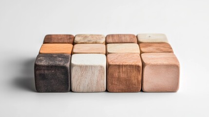Sixteen assorted wooden blocks arranged in a grid on white background The blocks show variations in wood grain and color