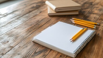 Blank spiral notebook and pencils on rustic wooden table nearby a stack of books