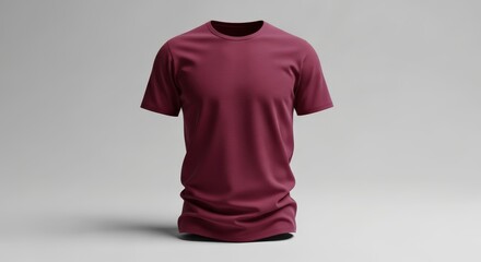Blank maroon red t shirt mockup on a plain grey background for apparel design.