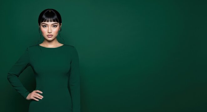 Elegant asian woman in a sophisticated green dress, posing confidently with hand on hip against a deep green background, embodying modern chic