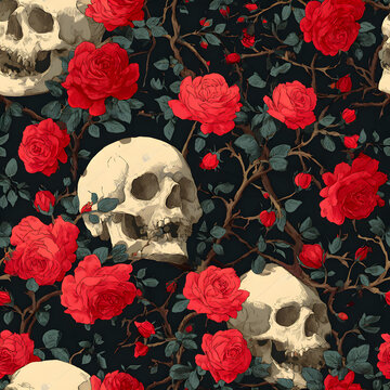 Skull floral seamless pattern with red climbing curl rose and thorn. Fabric dak flower background, vecto. Gothic, Day of Dead or hlloween holiday. Dia de murtos texture. Cute funny dath's head